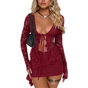 CSDAJIO 2 Piece Outfits for Women Floral Lace Open Front Tie Up Long Sleeve Crop Top Blouse Shirt and Mini Skirt Set (Medium, Red)
