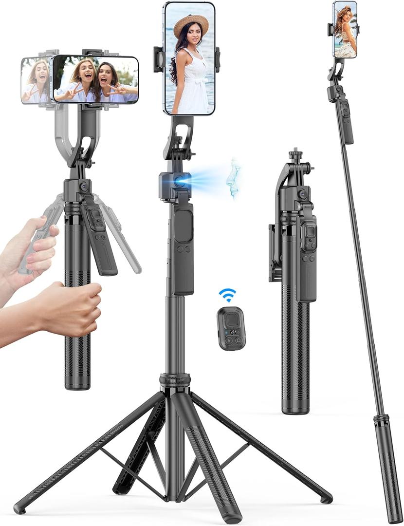 64'' Auto Face Tracking Tripod 360 Rotation with Stand, Handheld Stabilization, Aluminum Quadrapod Selfie Stick Phone Tripod with Remote Compatible with iPhone, Android for TikTok, Live Streaming