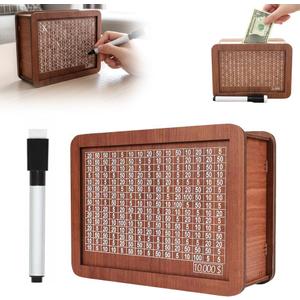 Cash Vault Wooden Savings Box, Upgrade Savings Challenge Box Wooden Cash Saving Box, Piggy Bank Wooden Cash Saver Money Box with Counter, Portable Cash Coin Retro Money Box (10000)