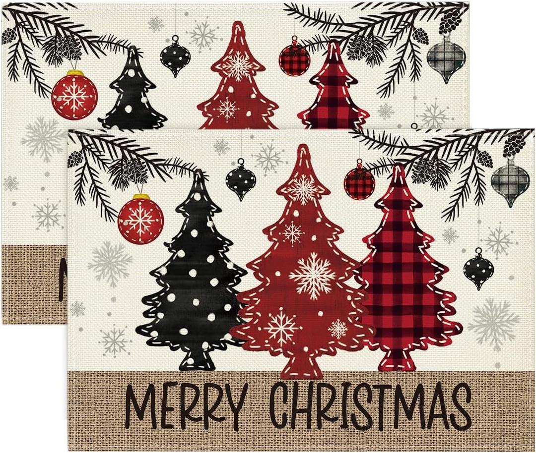 Artoid Mode Red Pine Trees Balls Merry Christmas Placemats Set of 2, 12x18 Inch Winter Xmas Table Mats for Party Kitchen Dining Decoration