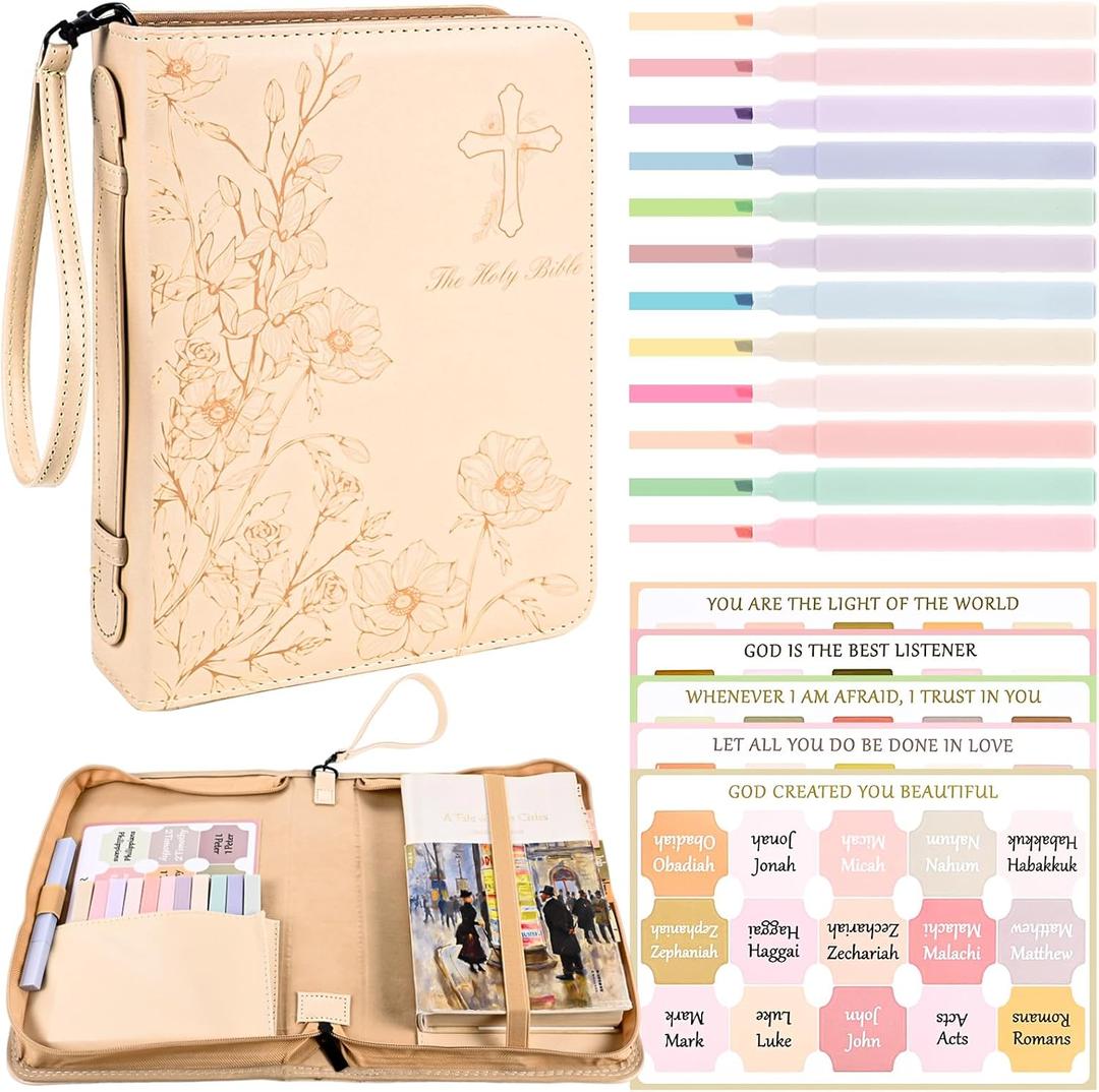 Bible Cover Case for Women Khaki Leather Floral Bible Storage Bag with Highlighters Tabs for Girls Bible Study Supplies Accessories Christian Gifts (One size)