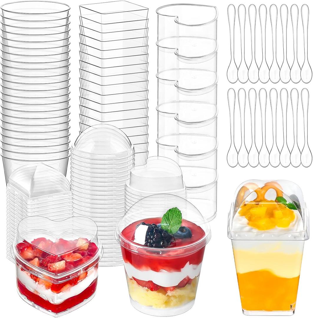 130 Pack Plastic Dessert Cups with Lids and Spoons, 5&6 oz Mini Parfait Cup Party Serving Shooters for Pudding, Yogurt, Fruit, Jello, Appetizer (Round, Heart and Square)