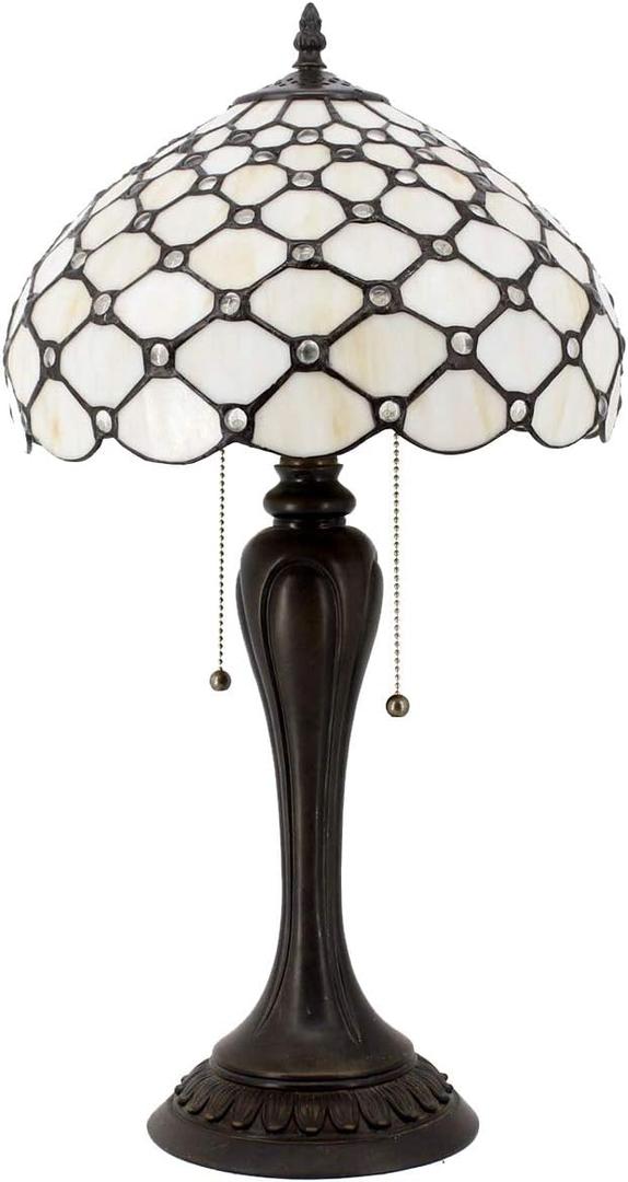 WERFACTORY Tiffany Lamp Stained Glass Table Lamp Cream Pearl Bead Style Desk Reading Light 12X12X22 Inches Decor Bedroom Living Room Home Office S005 Series