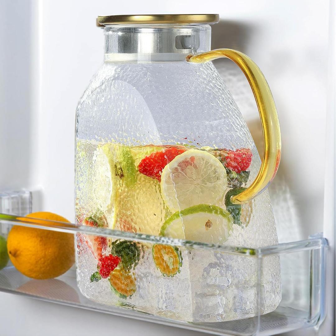 Glass Pitcher, Mituer 60oz Glass Water Pitchers with Handle and Lid, Tea Pitcher for Fridge, Iced Tea, Coffee Milk, Juice