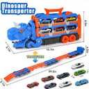 Dinosaur Track Cars Toys for Boys, Transforms into Dino Truck with 8 Die-Cas Cars, Transporter Truck Toys, Race Track for Toddlers 3-5, Kids Birthday Gifts 3 4 5 6 Years Old (Blue)