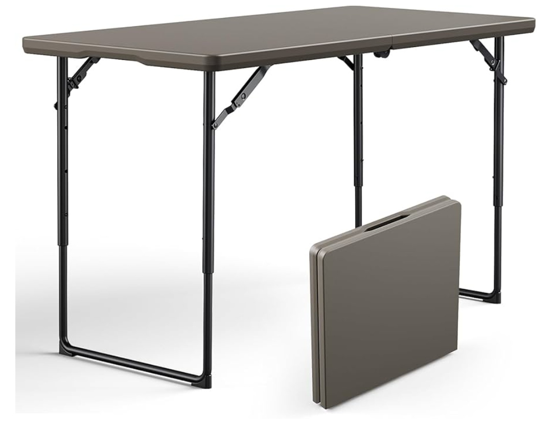 Folding Table 4ft - Heavy Duty Fold-in-Half Plastic Table with Adjustable Height, Portable Utility Tables with Steel Legs for Indoor, Outdoor, Picnic, Camping, Dining, Party (Khaki)