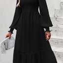 PRETTYGARDEN Women's Fall Dresses 2025 Long Sleeve V Neck Swiss Dot Empire Waist Chiffon Dress Ruffle Smocked Midi Dresses (Black, L)