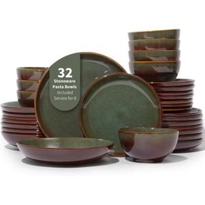 Pokini 32 Piece Double Bowl Dinnerware Sets with Pasta Bowls, Highly Chip and Crack Resistant Plates and Bowls Sets, Natural Earthyware Ceramic Dishware Sets, Service for 8 Brown Green
