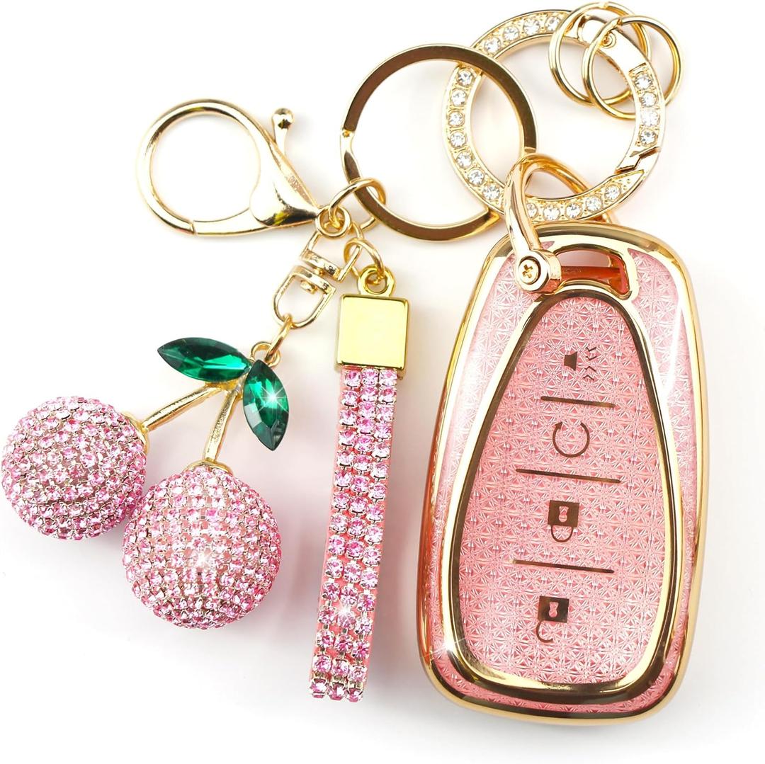 Sparkly Key Fob Cover with Cherry Keychain, Bling TPU Smart Key Case for Women, Compatible with Chevy Trailblazer Blazer Camaro Cruze Traverse (4-Button, Gold Pink)