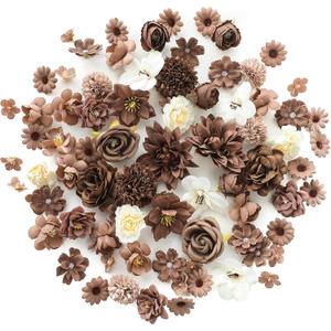 Floroom Mini Artificial Flower Heads Brown & Taupe Fake Peony Daisy Rose Multicolor Small Faux Silk Flower Heads for Cake Craft Garland Wedding Party Graduation Cap DIY Home Decoration, 0.8"-3.6"