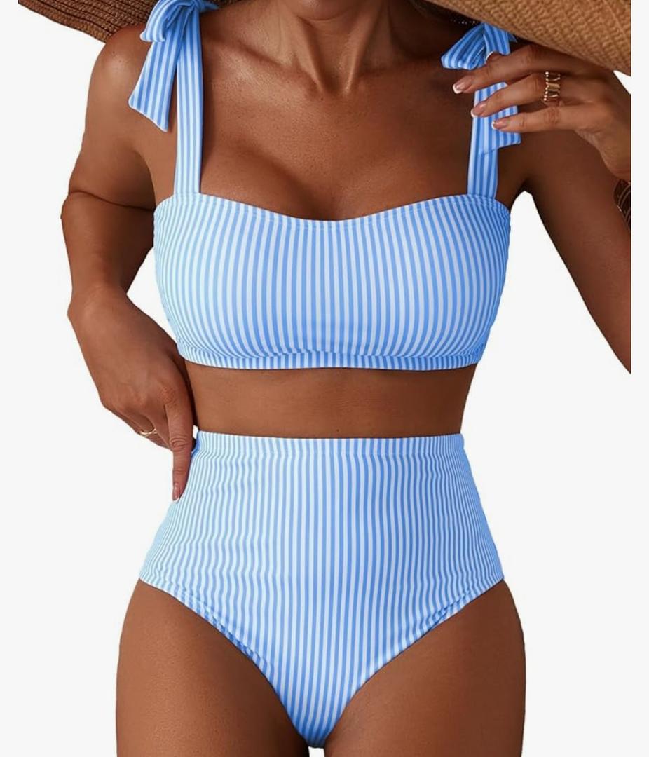 Herseas Women's Tie Shoulder Bikini Sets 2 Piece Striped Swimsuits High Waisted Bathing Suits, Size M