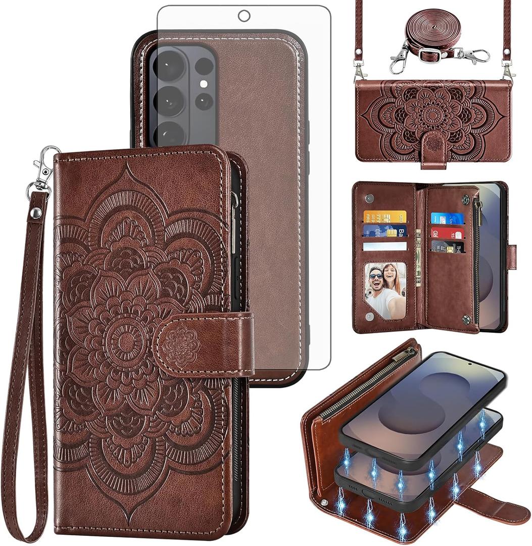 Asuwish Phone Case for Samsung Galaxy S26 Ultra 5G Zipper Wallet Magnetic Detachable Cell Cover with Screen Protector Crossbody Strap Flower Card Holder S26Ultra 26S S 26 26Ultra Women Men Girls Brown