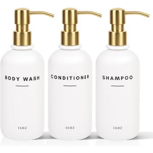 Set of 3 Shampoo and Conditioner Dispenser Stainless Steel Pump Head - 16oz Durable Shower Soap Dispenser and Shampoo Bottles - Easy to Refill Bathroom soap Dispenser Set Bathroom Decor with Labels