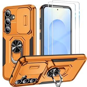 for Samsung Galaxy S25 Case with Screen Protector, Slide Camera Lens Cover, for Samsung S25 with Ring Stand, Heavy Duty Shockproof Full Body Protective Case for Galaxy S25 (Orange)
