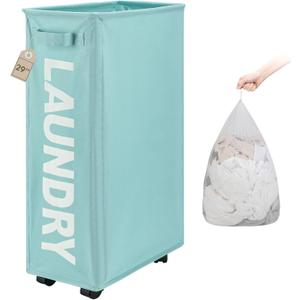 TOTANKI 29" Large Slim Rolling Laundry Basket on Wheels with Removable Bag, Foldable Laundry Hamper with Handle, Collapsible Laundry Sorter and Organizer, Tall Storage Basket Bin (Light Blue)