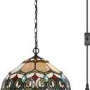 Tiffany Pendant Light Plug in Stained Glass Hanging lamp 12X12X181 Inch Hanging Lamp Living Room Bedroom Kitchen Dining Room Office(Seven Color Baroque)