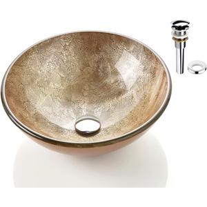 Honeysuckle Series Round Tempered Deco Glass Vessel Bathroom Sink | Top Mount Sinks Above Countertop |Handicraft Vanity Countertop Sink Bowl with Pop Up Drain |FW-LA603, 16.54 x 16.54 x 5.71 inches