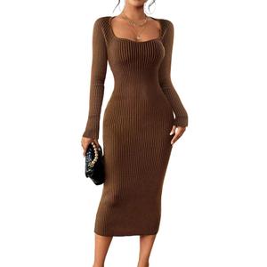 Narecte Sweater Dresses for Women 2025 Midi Winter Dress Square Neck Bodycon Dresses Long Sleeve Casual Dress Mocha Brown L