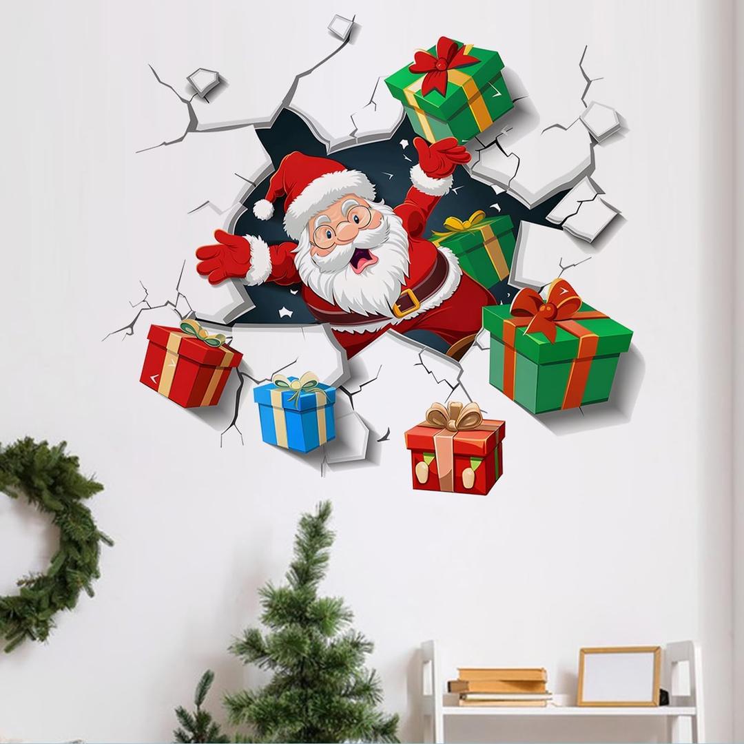Santa Wall Decal for Christmas | Peel and Stick Holiday Decoration with Crack Effect & Gift Boxes  Removable Vinyl Sticker for Walls, Windows, Office, Party or Storefront Display (36)