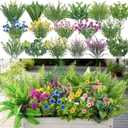 Alupssuc 24Pcs Artificial Flowers and Plants,UV Resistant & No Fade Fake Plastic Greenery Shrubs for Home Garden, Pathway, Front Porch-Spring Summer Decor, Indoor/Outdoor Use,Pink Purple Yellow Blue