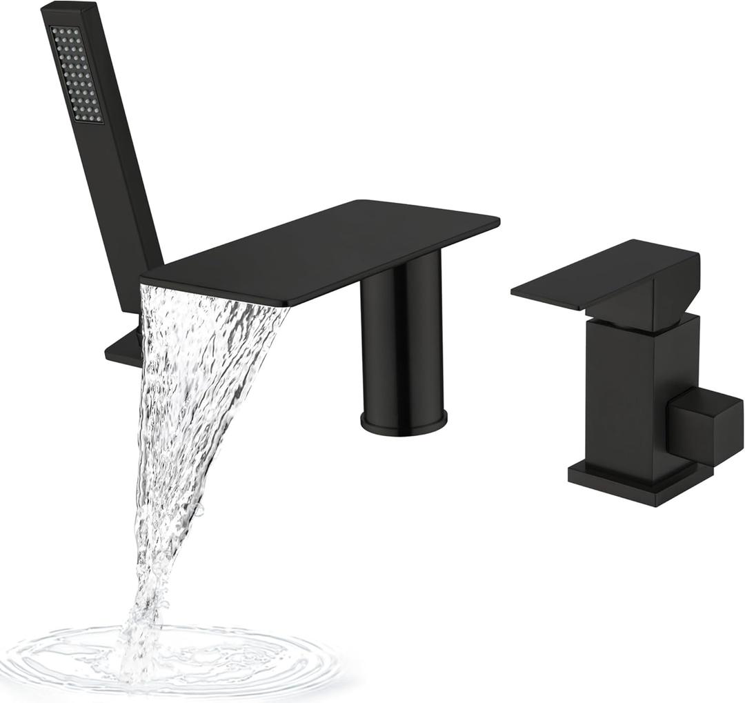 Roman Tub Faucet with Hand Shower, Matte Black Deck Mount Waterfall Tub Faucet High Flow 3 Hole Bathtub Faucets Sets