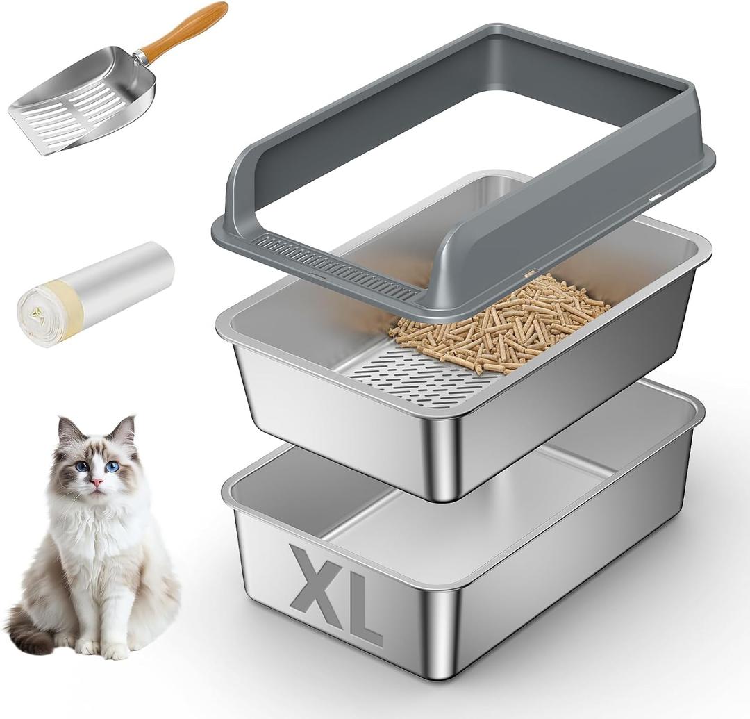 Stainless Steel Sifting Litter Box with Lid,Extra Large Metal Sifting Cat Litter Box for Pine Pellets,High Sides Sifter Litter Pan System for Kittens,Odor Control,Sifting Box Liners and Scoop