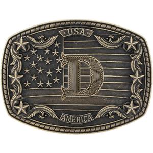 Western Belt Buckle for Men, Initial Letter A to Z American Flag Cowboy Belt Buckles Men Buckle Belt (D)