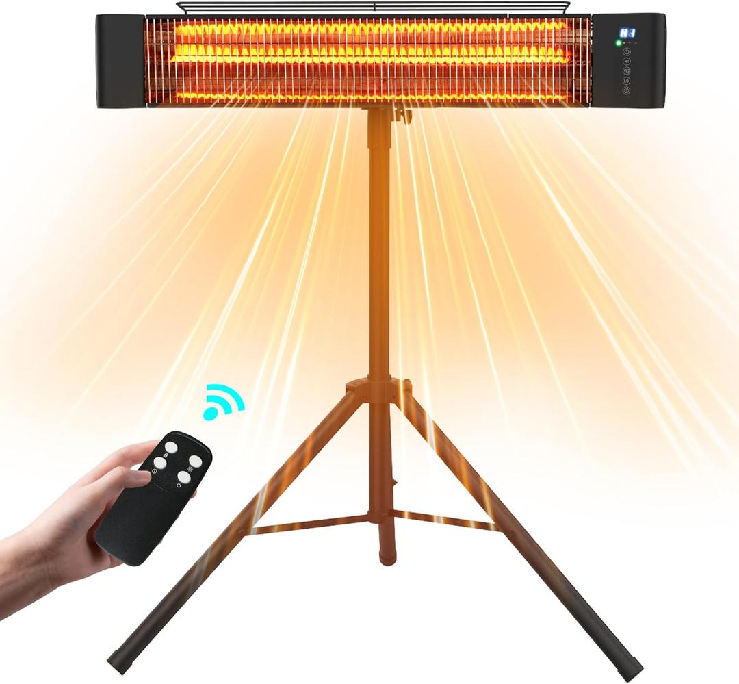 Electric Infrared Patio Heater 1500W Outdoor Portable Heaters for patio RealSmart Outdoor/Indoor Space Heater 3 Heat Modes Wall Mounted Tripod Heater IP65 TUV Certification for Garage Greenhouse