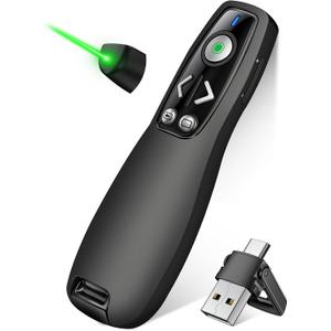 2-in-1 USB Type C Presentation Clicker Wireless Presenter Remote with Green Light for PowerPoint, Powerpoint Clicker with Volume Control PowerPoint Slide Advancer for Mac, Computer, Laptop