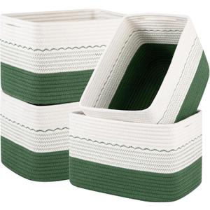 OIASKET 4 Pack Storage Baskets for Organizing, 13"X9"X7.87", Decorative Cotton Rope Baskets for Shelves, Small Woven Basket for Toys, Books and Towels, Green & White