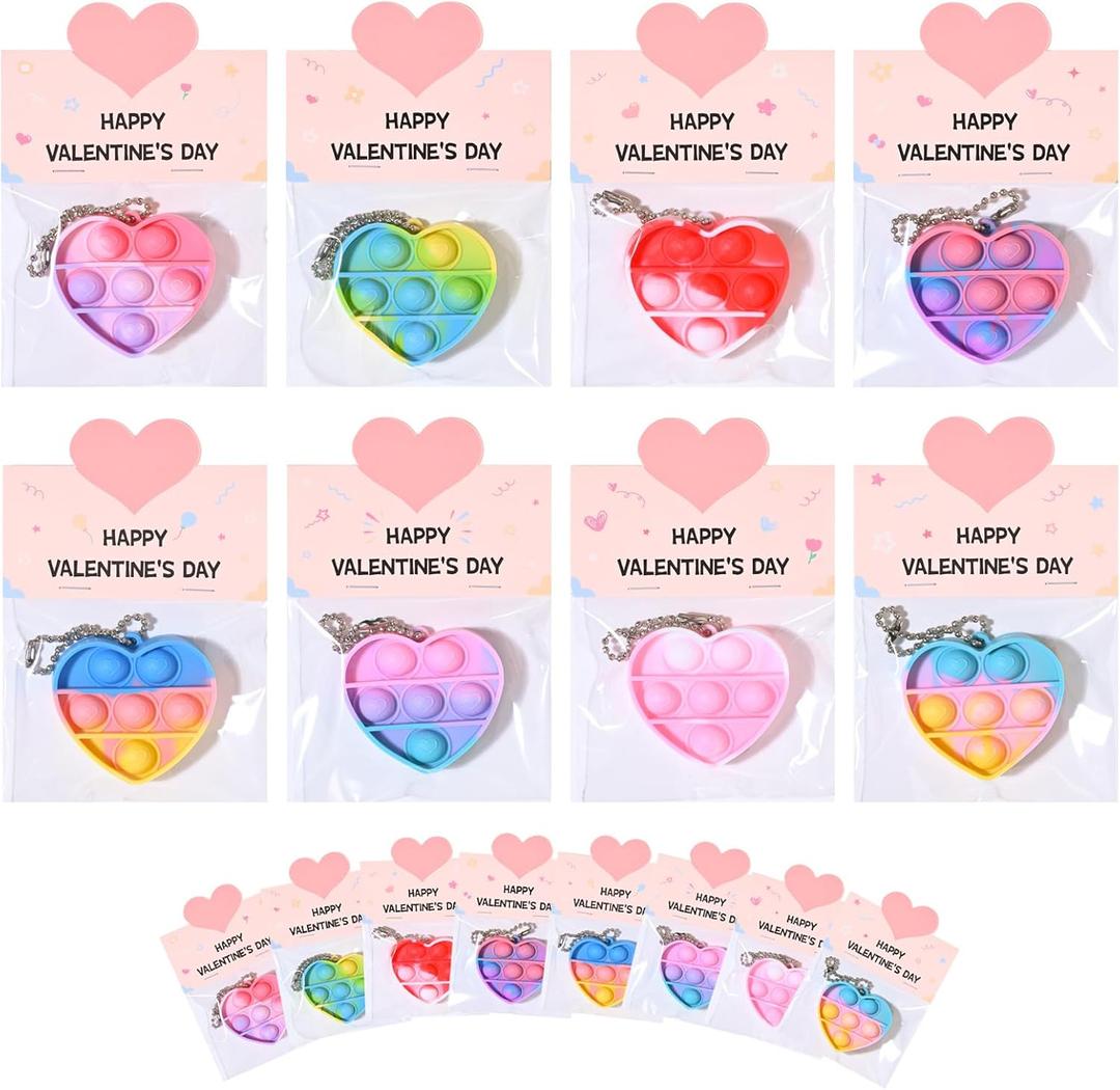 Valentines Day Gifts for Kids - 32 Pack Valentine's Cards with Heart Pop Keychains Bulk - Valentine Fidget Toy Gift for Kids School Classroom Class Exchange Boys Girls Party Favor