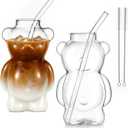 2 Pack Honey Bear Glass Straw Cup, 5.51 x 3.31 x 2.83 Inches Clear Bear Cup with 2 Straws & Cleaning Brushes, 11 oz Cute Mugs, Suitable for Coffee, Juice, Tea, Milk and Other Beverages