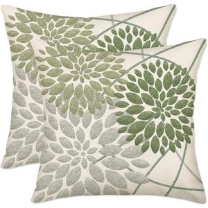Sage Green Grey Dahlia Pillow Covers 20x20 Inch Set of 2 Summer Geometric Floral Elegant Green Gray Decor Pillow Case Outdoor Farmhouse Linen Square Cushion Cover Home Decor for Sofa Couch Bed