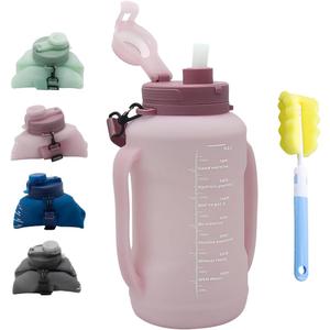 64oz Foldable Silicone Water Bottle with Straw, BPA-Free Motivational Time Marker, Leakproof Collapsible Water Jug with Handle for Gym, Sports, Camping & Outdoor Activities (Pink)