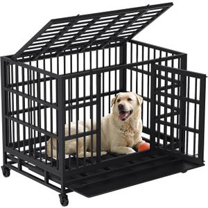 Shintenchi 48 inch Heavy Duty Crates for Large Dog, Indestructible and Escape-Proof Cage Kennel with Lockable Wheels, Double Door High Anxiety with Removable Tray, Black
