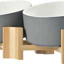 SPUNKYJUNKY 15 Slanted Ceramic Dog and Cat Bowl with Wooden Stand, Tilted Bulldog Food and Water Bowl No Slip Non-Spill for Cats Medium Dogs Big Face Pets 28.7 OZ (3.6 Cups, White-Grey  2)