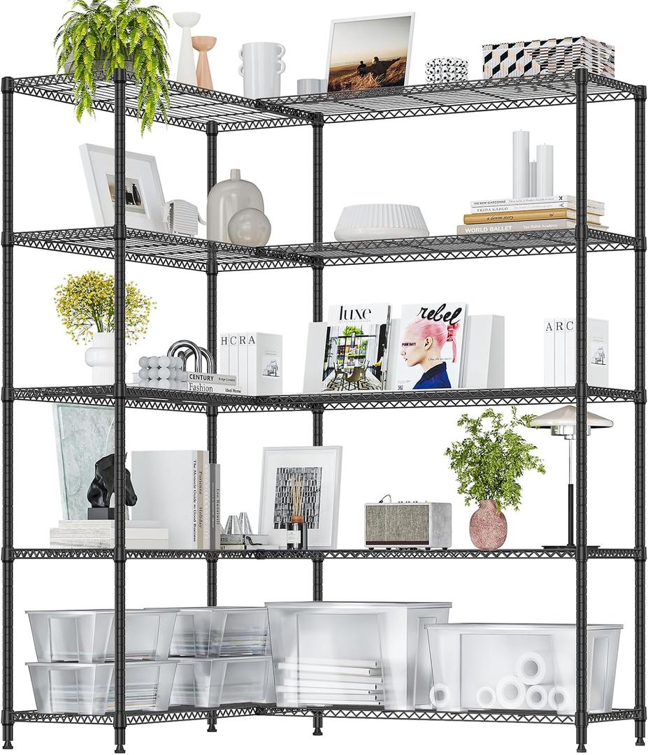 IZEUK Linked Storage Racks, DIY Adjustable Heavy Duty Metal Shelving Unit for Corner, Ideal for Kitchen, Garage, Warehouse, and Garden (Black, 15.7" D x 33.5" W x 70.5" H, 1433 lbs Capacity), 5 Tier, 15.7" D x 33.5" W x 70.9" H