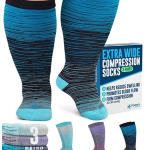 Doctor's Select 3 Pairs Plus Size Compression Socks Wide Calf - Up to 6XL | 20-30 mmHg Compression Socks for Women Wide Calf |Blue, Light Blue, Purple & Pink (Stripes)