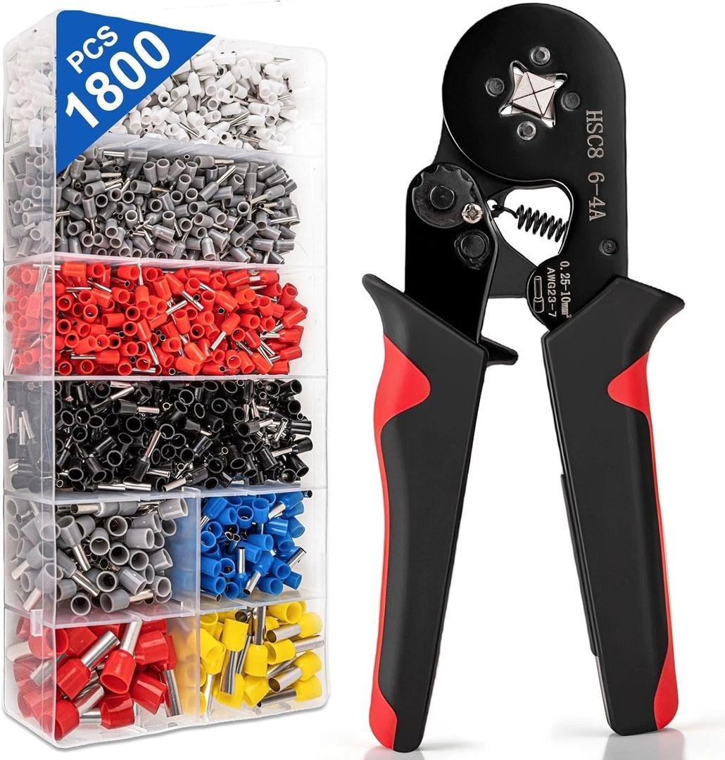 Ferrule Crimping Tool Kit, Wire Ferrules Kit Crimper Pliers with 1800PCS Wire Ends Terminals for AWG 23-7 (0.25-10mm) Gauge, Self-Adjusting Ratchet Pliers for Audio, Automotive, DIY