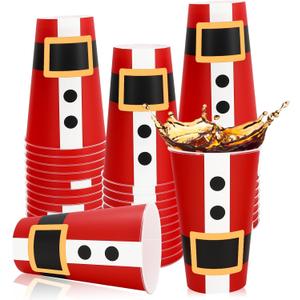 50Pcs Christmas Santa Plastic Cups, 16 oz Santa Belt Design Red Black White Disposable Drinking Cup Xmas Holiday Party Drinkware Table Decor for Xmas Winter Party Beverage Drink Supplies