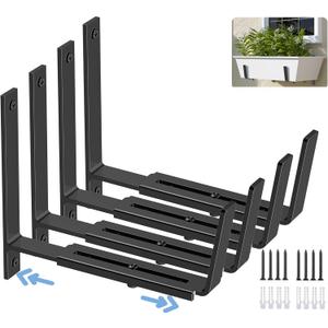 HFHOME 4 PCS Adjustable Planter Box Brackets (6 to 12.5 in), Universal Window Box Brackets, Heavy Duty Metal Flower Box Wall Mounting Hooks for Balcony, Fences, Patio, and Garden - Black