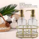 3 Piece Round Heavy Weight Glass Soap Lotion Pump Dispenser Set with Metal Caddy for Home Bath Kitchen Travel Office Hand Crafted Metal Tray Brushed Gold