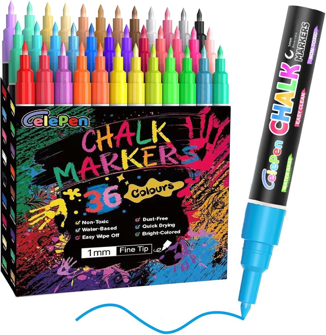 Extra Fine Tip Liquid Chalk Markers for Chalkboard, 36 Colors Window Liquid Chalk Marker Pens with 1mm Fine Tips, Washable Erasable Wet Erase Marker Pens Set for Bistro, Car Glass, Poster, Blackboard