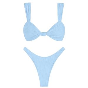ZAFUL 2025 Cheeky Bikini Sets for Women High Cut Swimsuit Textured Ribbed Bikini Thong Bathing Suit Sky Blue S