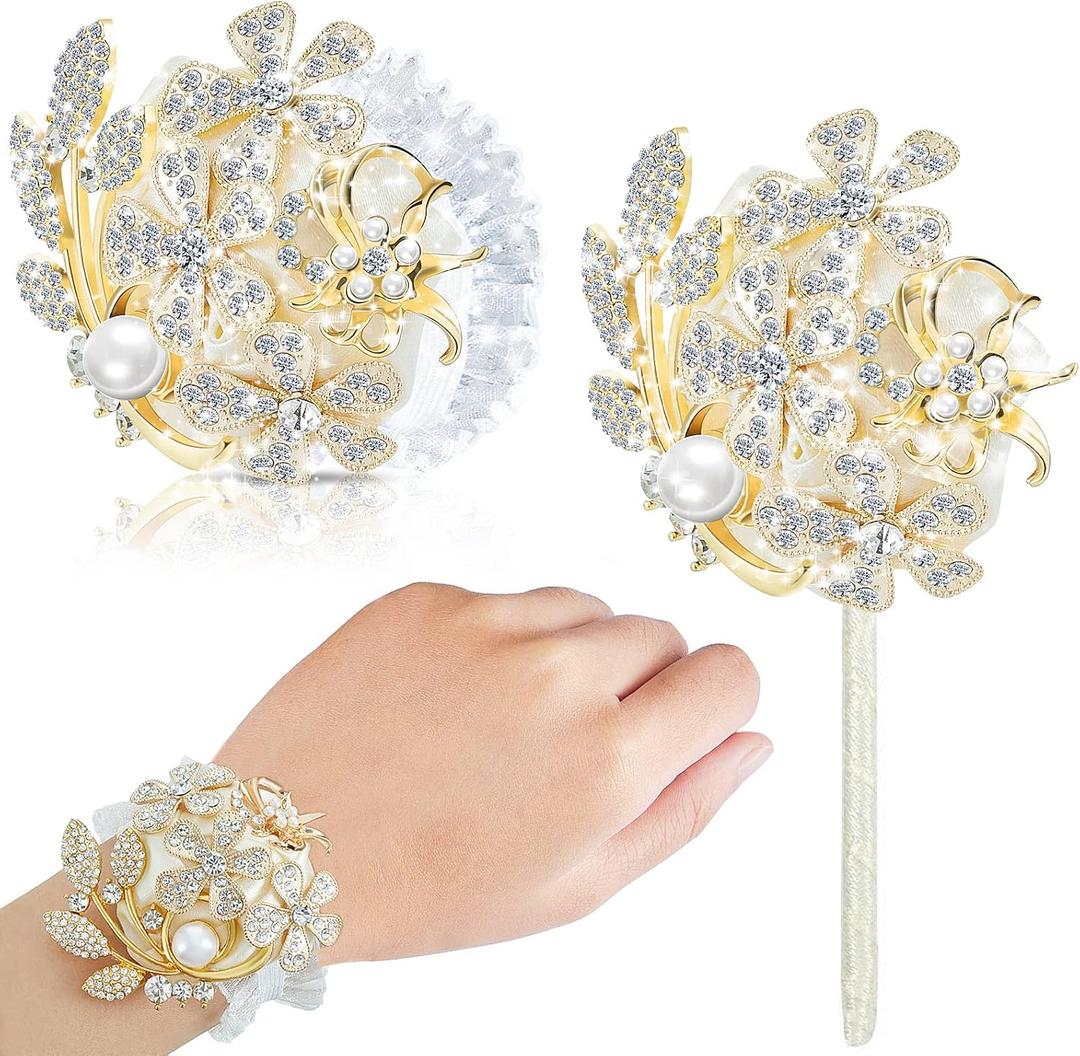 Yunsailing 2 Pcs Rhinestone Wrist Corsage and Boutonniere Set - Artificial Flower Corsage Wristlet for Wedding Prom Homecoming Bridesmaid Bridal Shower Anniversary Formal Event(Gold Ivory,Pearl)