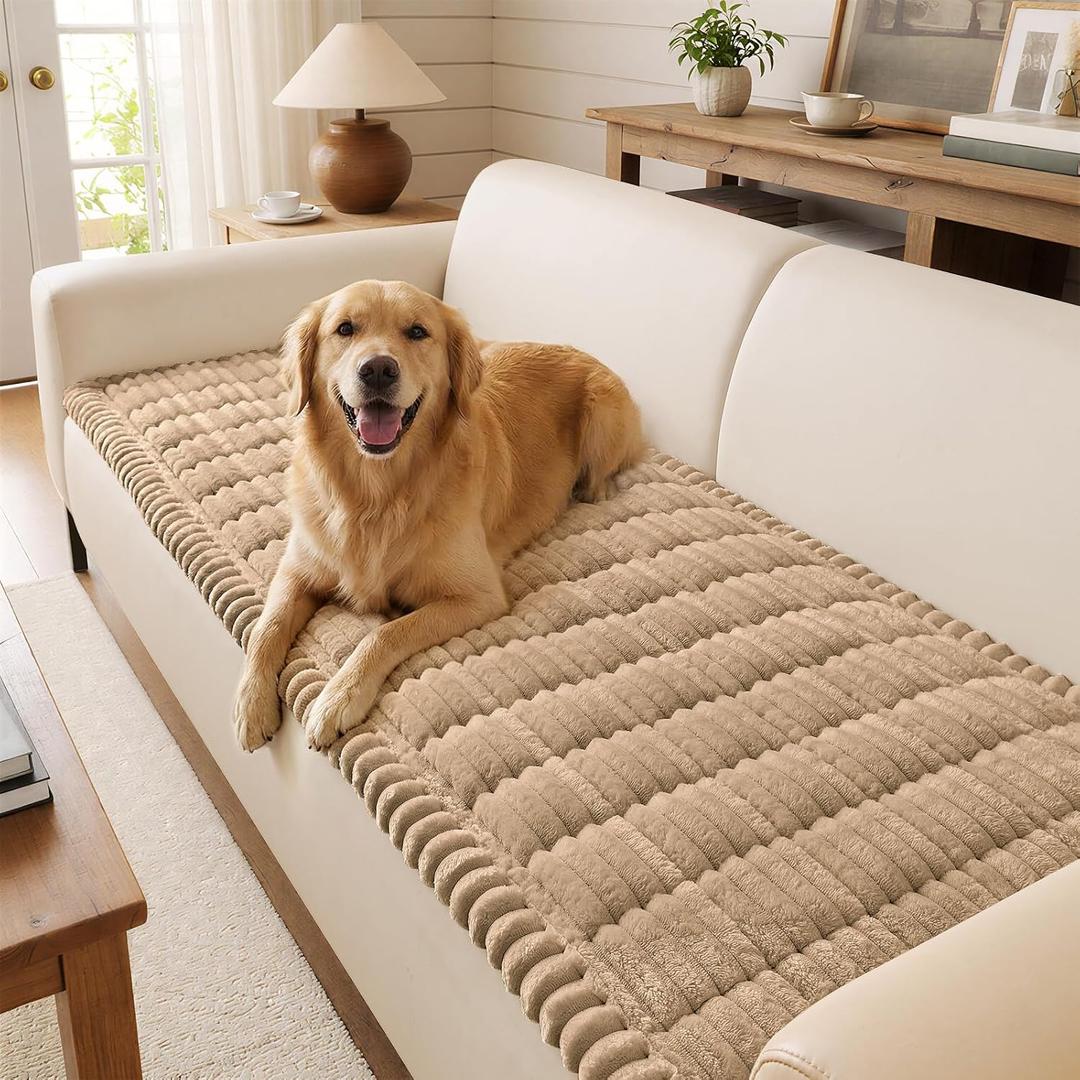 DecorUhome Fuzzy Pet Couch Cover for Dogs, Non-Slip Sofa Covers for 3 Cushion Couch, Soft Thick Furniture Couch Protector, Washable Sofa Slipcovers, Khaki, 27.6" x 70.9"