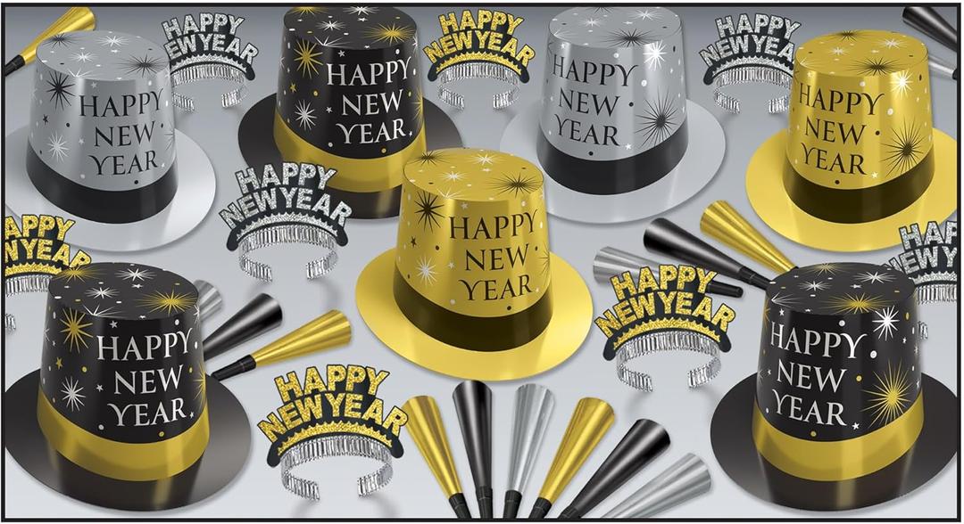 Beistle Silver and Gold Asst New Years Eve Party Kit  Metallic Hats, Tiaras and Noisemakers, Festive Holiday Celebration Supplies Accessories for Midnight Countdown, Office, Gala and Home Parties