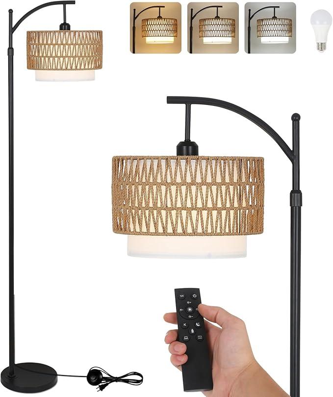 Arc Floor Lamps for Living Room with 3 Color Temperatures, Black Standing Lamp with Remote & Dimmable LED Bulb, Rattan Boho Floor Lamp, Farmhouse Tall Lamp for Bedroom, Over Couch Arched Reading Light