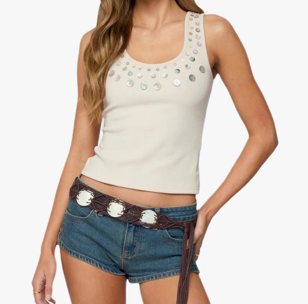 Women Y2K Scoop Neck Tank Top Beach Shell Button Decor Ribbed Knit Crop Top Summer Going Out Vest Shirt Streetwear S