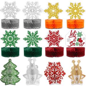 Pajean 12 Pcs Christmas Table Decorations Centerpieces Winter Snowflake Honeycomb Red and Green 3D Xmas Tree Elf Let It Snow Tabletop Sign Gold Sliver Snowflake Wonderland Holiday Party Supplies
